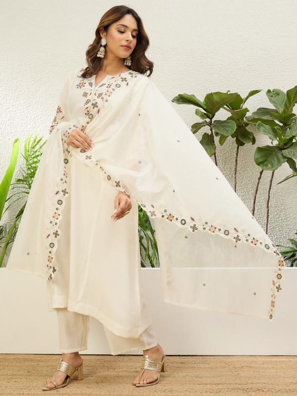 VP 9713 W Women's Cream Embroidered Yoke Straight Kurta Set with Scalloped Dupatta